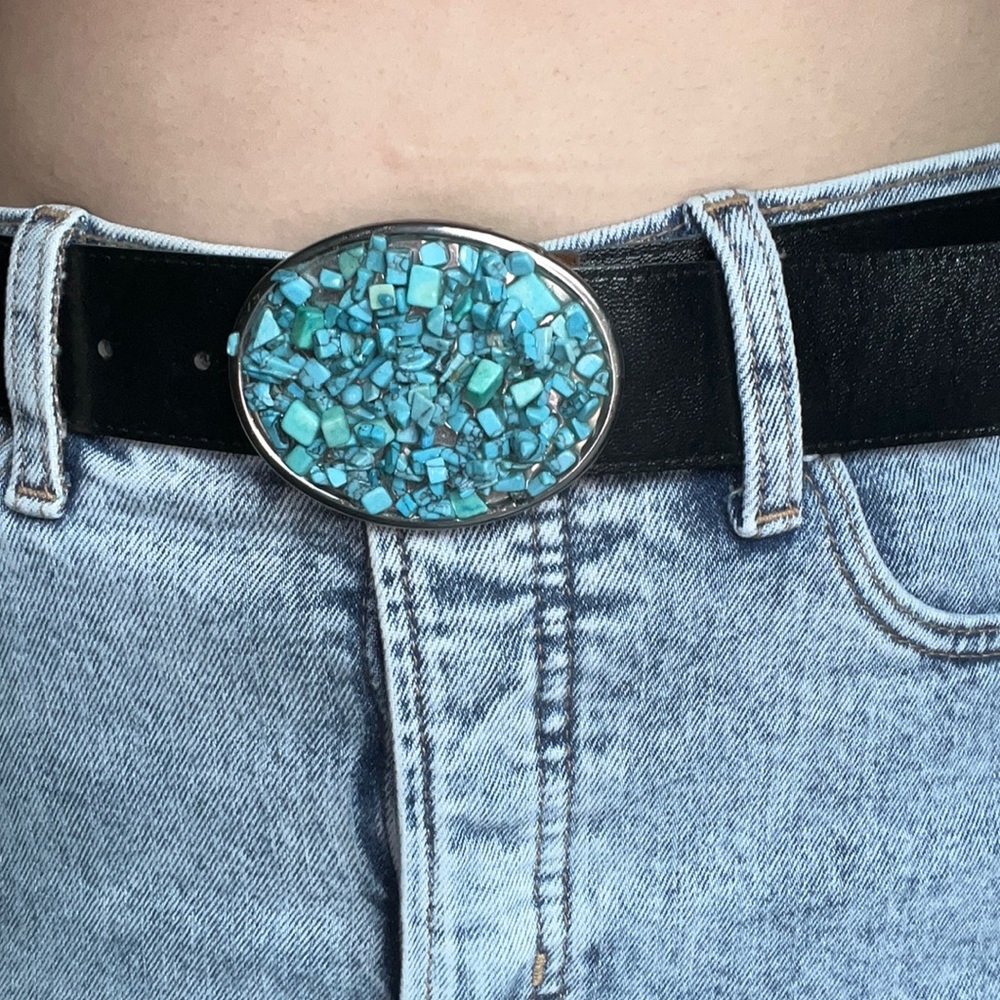 Black Belt With Chunky Blue Crystal Buckle- Early 90s